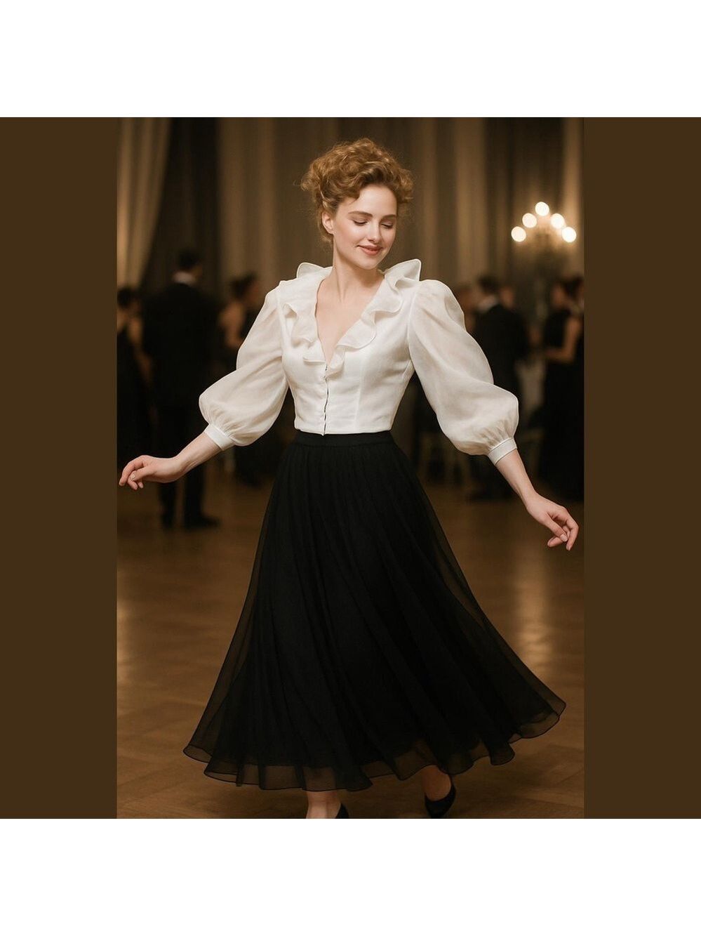 KAY KING 2PC SILK CHIFFON WHITE RUFFLED V-NECK BLOUSE & BLACK SILK MAXI SKIRT